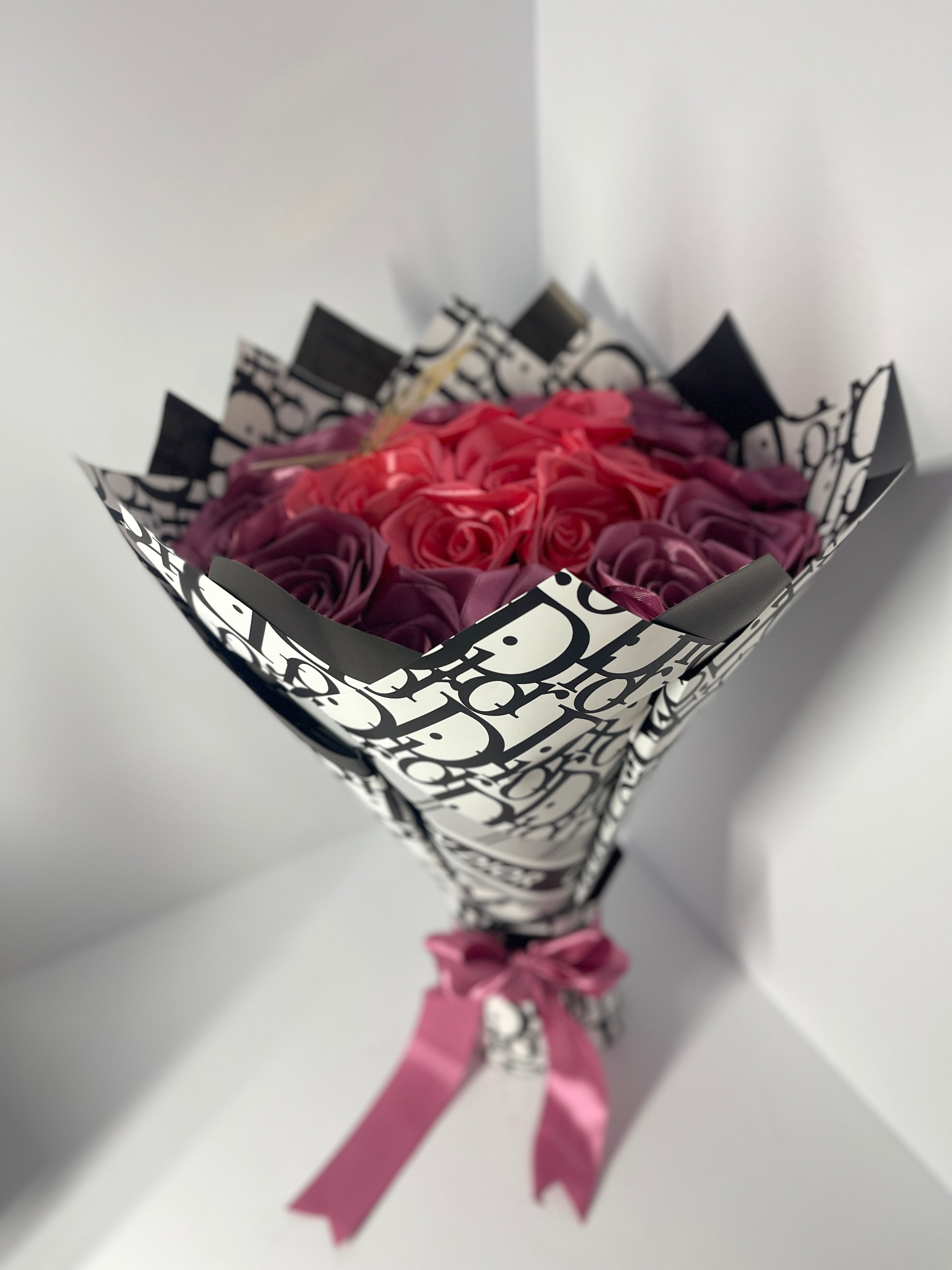 Handcrafted Light Blue and White Satin Ribbon Rose Bouquet with Gold Butterfly Accessory