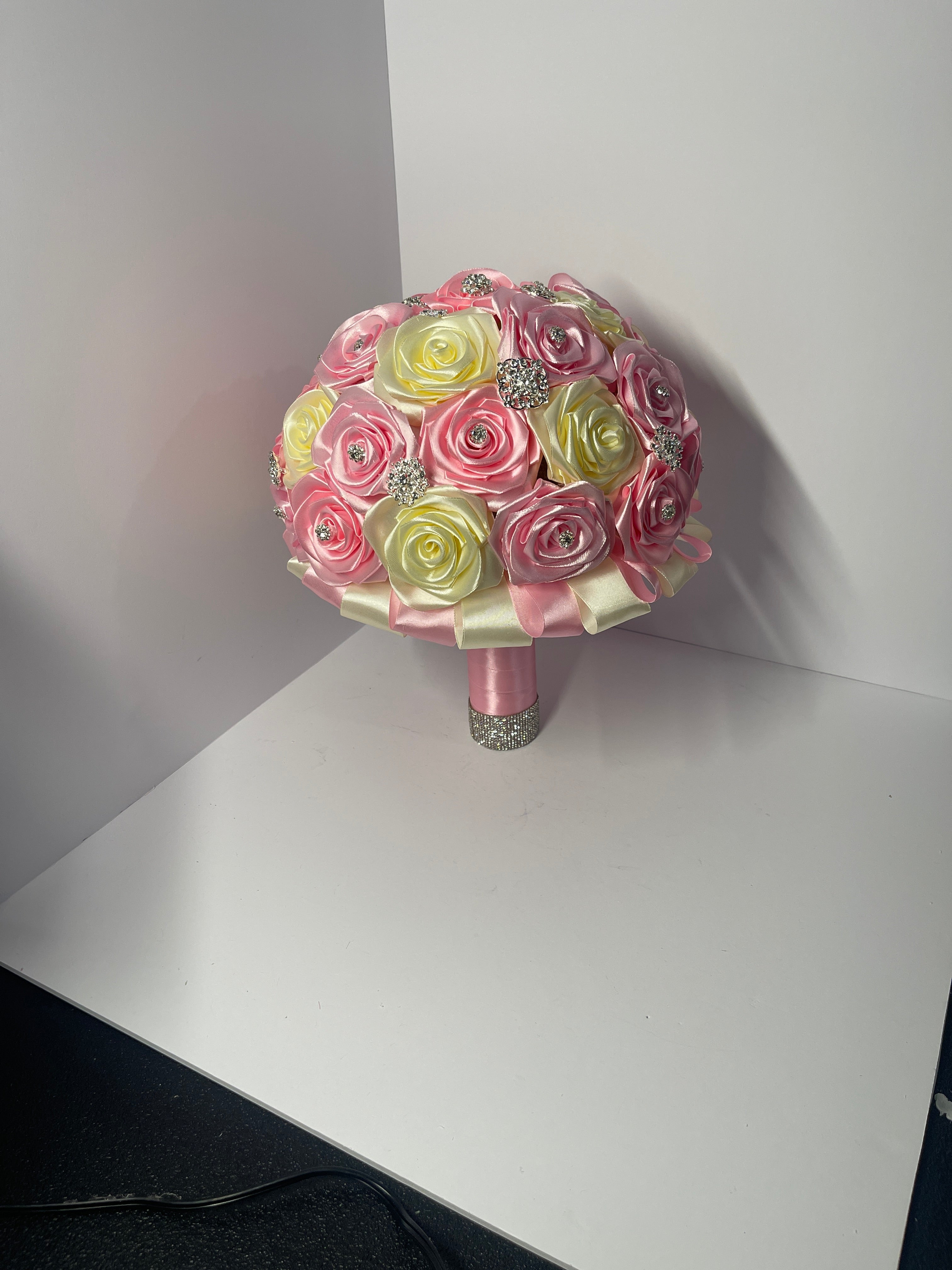 The Regal Quince Bouquet - 34 Satin Ribbon Roses, Silver Pins, and Diamond Gem Ring Accent - Exhibition Gift Set