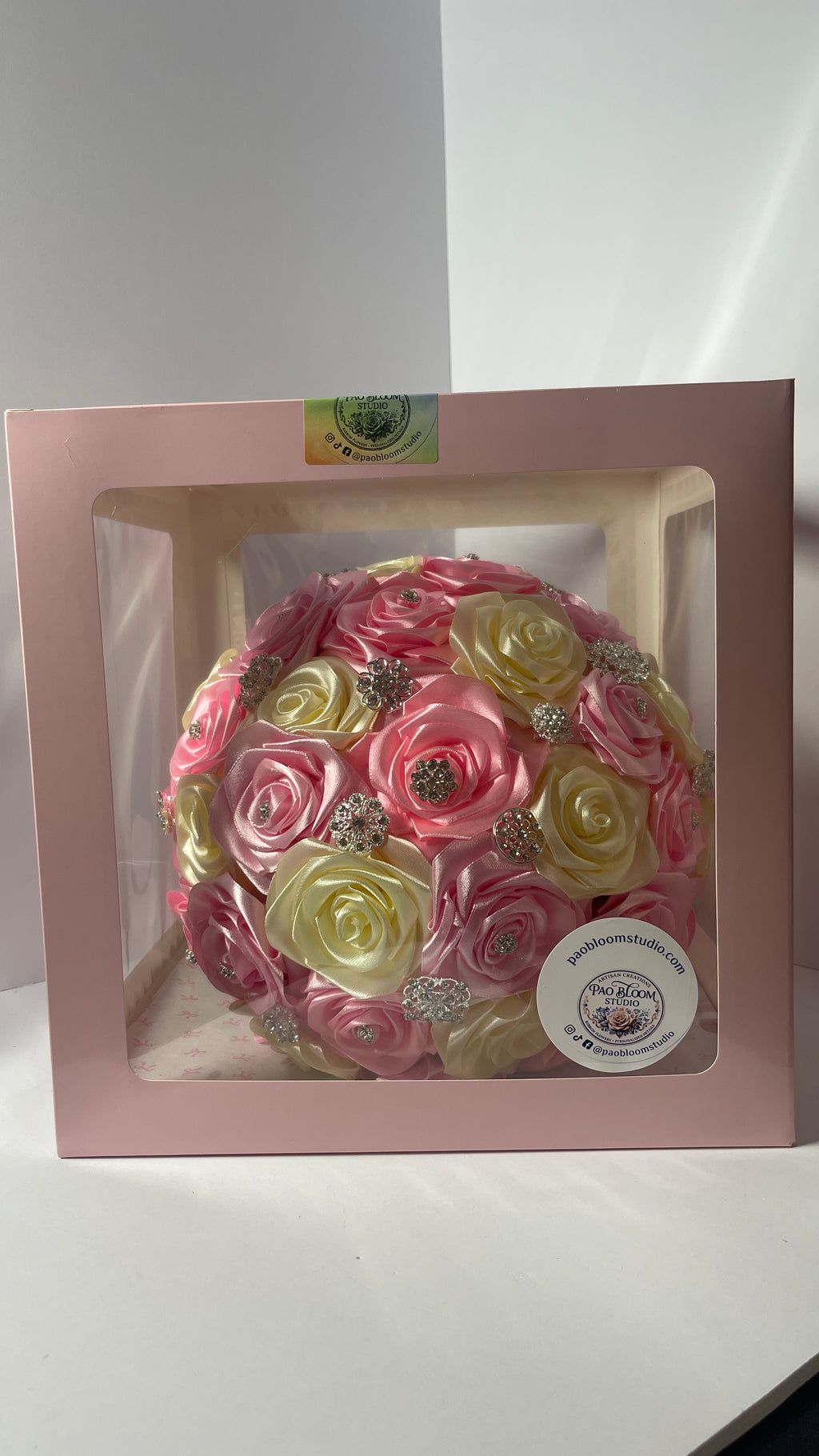 The Regal Quince Bouquet - 34 Satin Ribbon Roses, Silver Pins, and Diamond Gem Ring Accent - Exhibition Gift Set