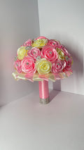 The Regal Quince Bouquet - 34 Satin Ribbon Roses, Silver Pins, and Diamond Gem Ring Accent - Exhibition Gift Set