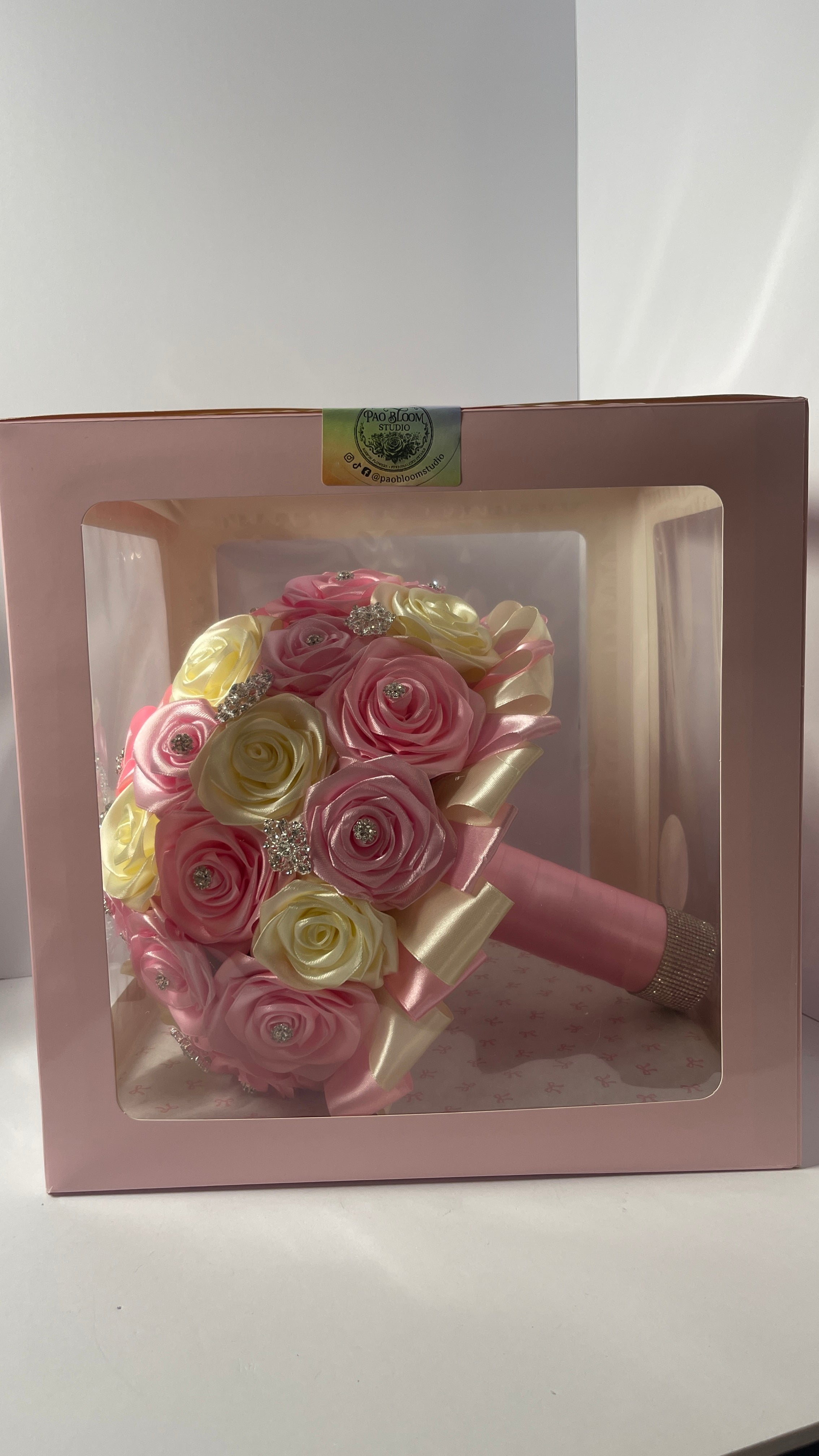 The Regal Quince Bouquet - 34 Satin Ribbon Roses, Silver Pins, and Diamond Gem Ring Accent - Exhibition Gift Set
