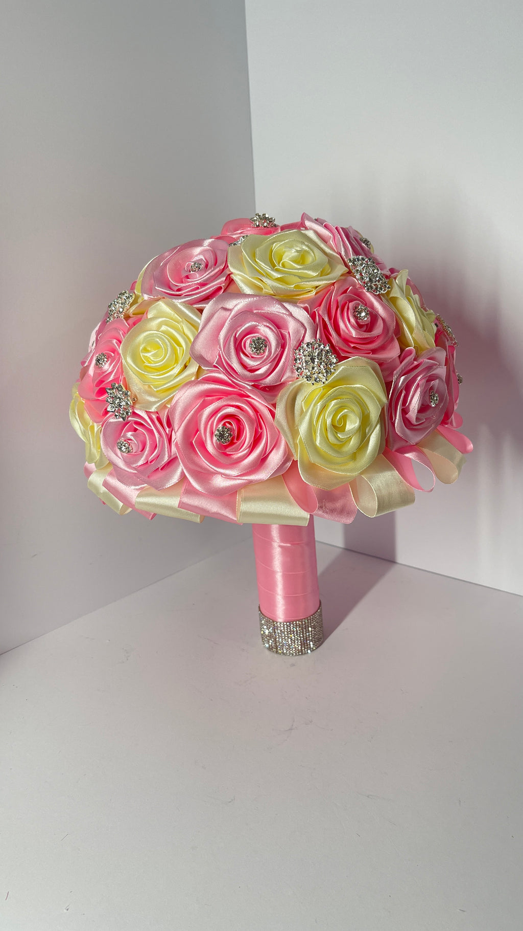 The Regal Quince Bouquet - 34 Satin Ribbon Roses, Silver Pins, and Diamond Gem Ring Accent - Exhibition Gift Set