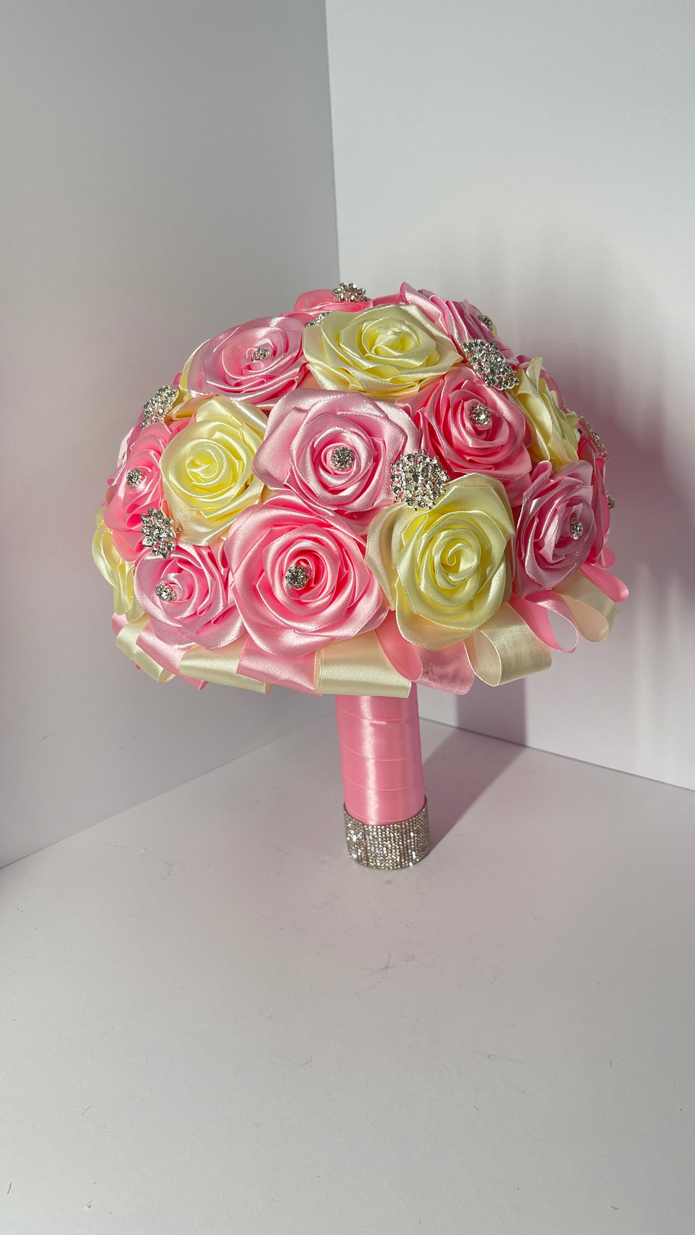 The Regal Quince Bouquet - 34 Satin Ribbon Roses, Silver Pins, and Diamond Gem Ring Accent - Exhibition Gift Set