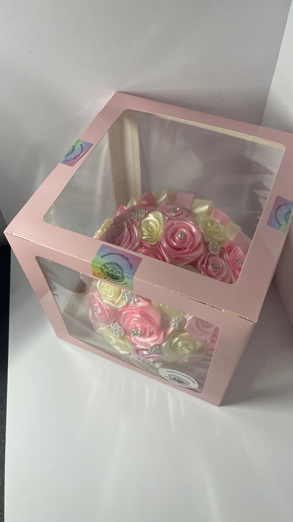 The Regal Quince Bouquet - 34 Satin Ribbon Roses, Silver Pins, and Diamond Gem Ring Accent - Exhibition Gift Set