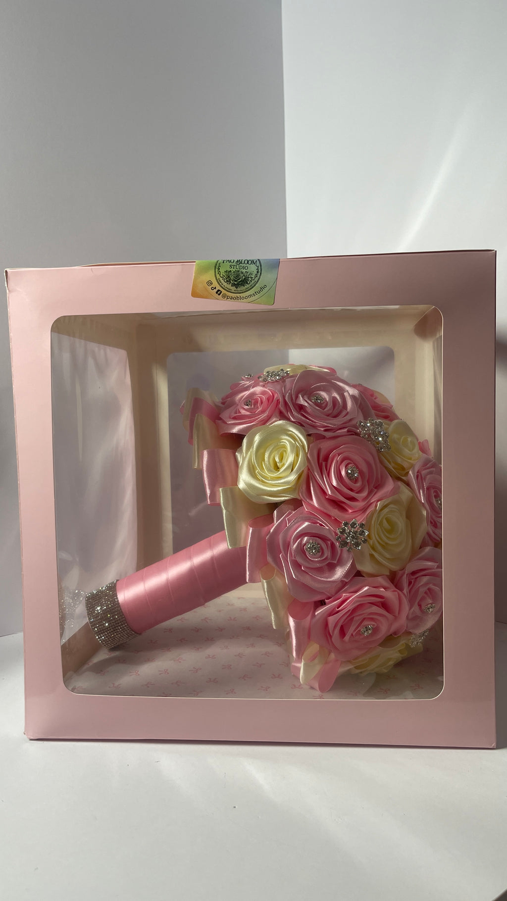 The Regal Quince Bouquet - 34 Satin Ribbon Roses, Silver Pins, and Diamond Gem Ring Accent - Exhibition Gift Set