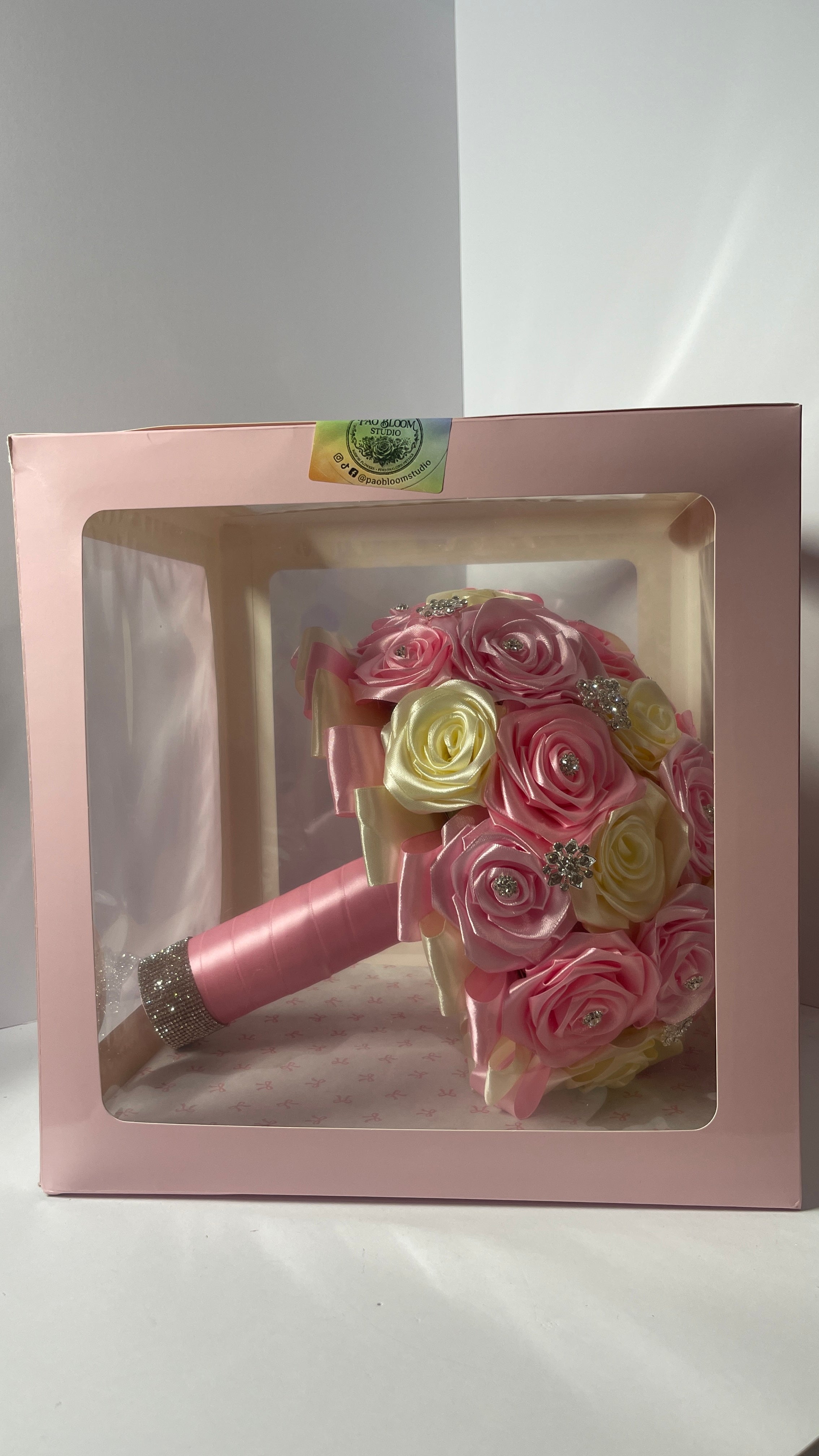 The Regal Quince Bouquet - 34 Satin Ribbon Roses, Silver Pins, and Diamond Gem Ring Accent - Exhibition Gift Set