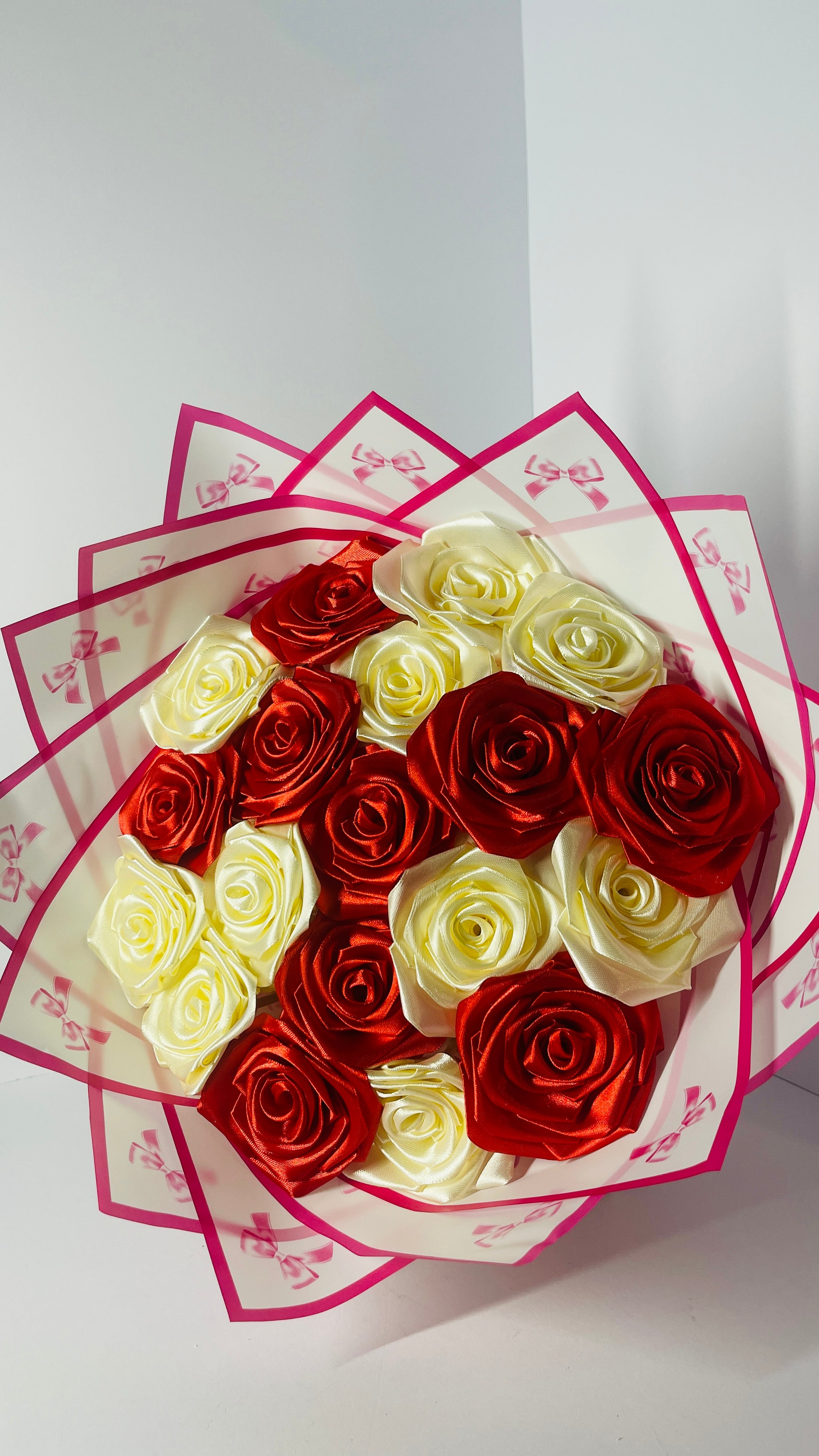 Elegant 19-Stem Handcrafted Ribbon Rose Bouquet – Red & Cream Satin Floral Arrangement