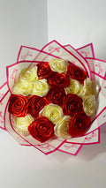 Elegant 19-Stem Handcrafted Ribbon Rose Bouquet – Red & Cream Satin Floral Arrangement