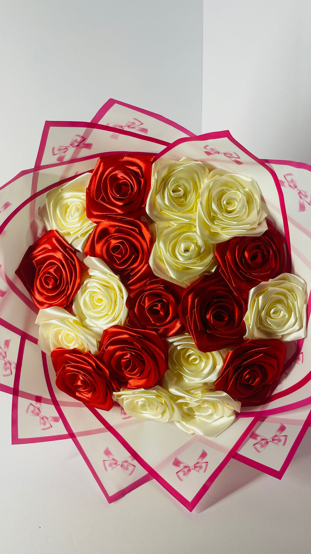Elegant 19-Stem Handcrafted Ribbon Rose Bouquet – Red & Cream Satin Floral Arrangement