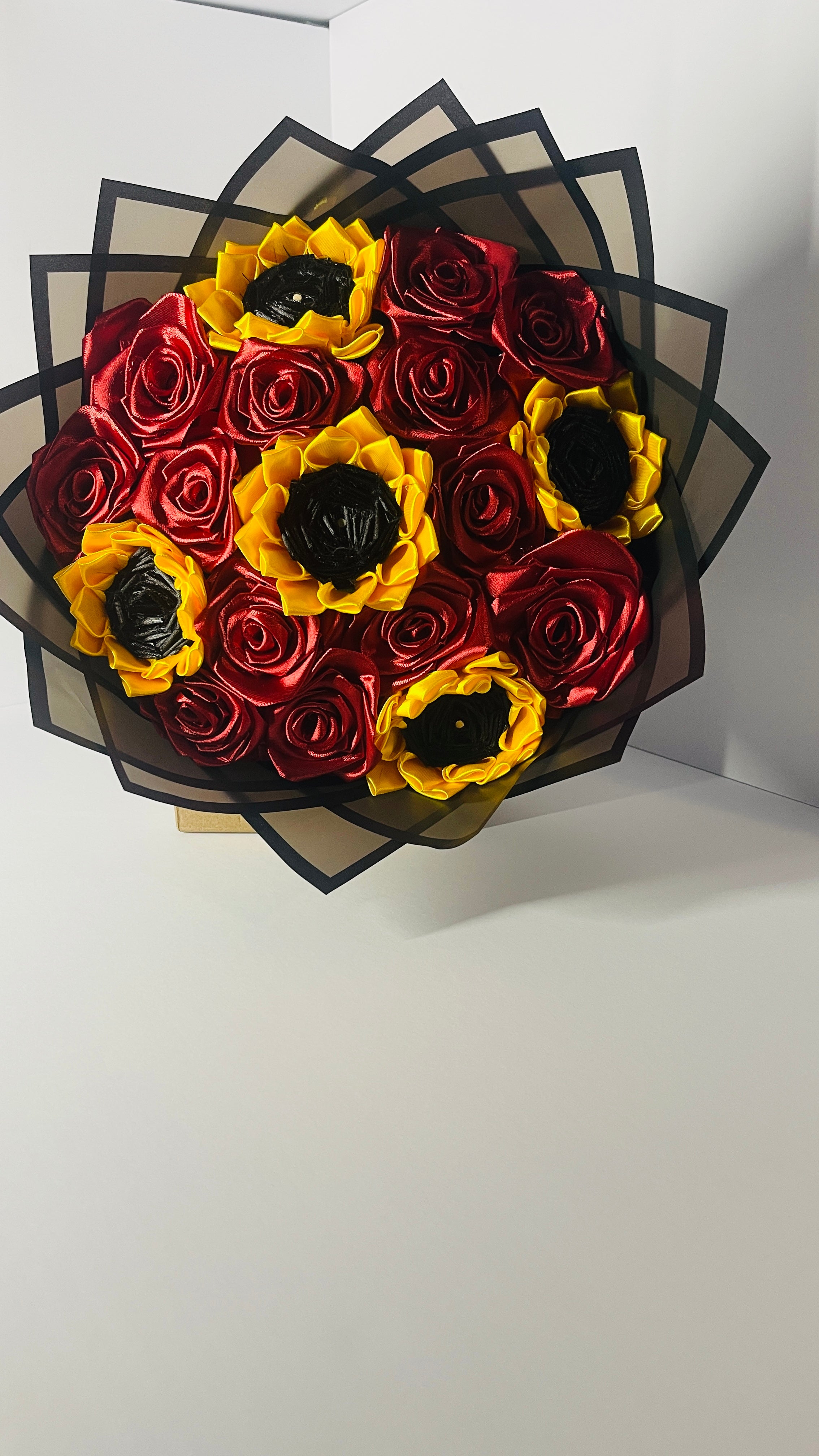 Elegant Ribbon Sunflower & Rose Bouquet (18-Stem) – Premium Handcrafted Satin Arrangement
