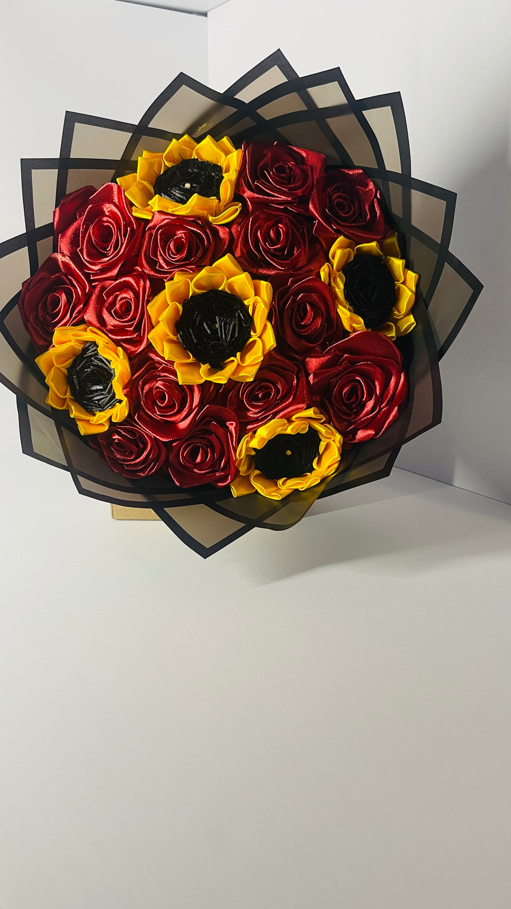 Elegant Ribbon Sunflower & Rose Bouquet (18-Stem) – Premium Handcrafted Satin Arrangement