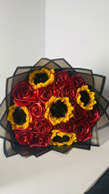 Elegant Ribbon Sunflower & Rose Bouquet (18-Stem) – Premium Handcrafted Satin Arrangement