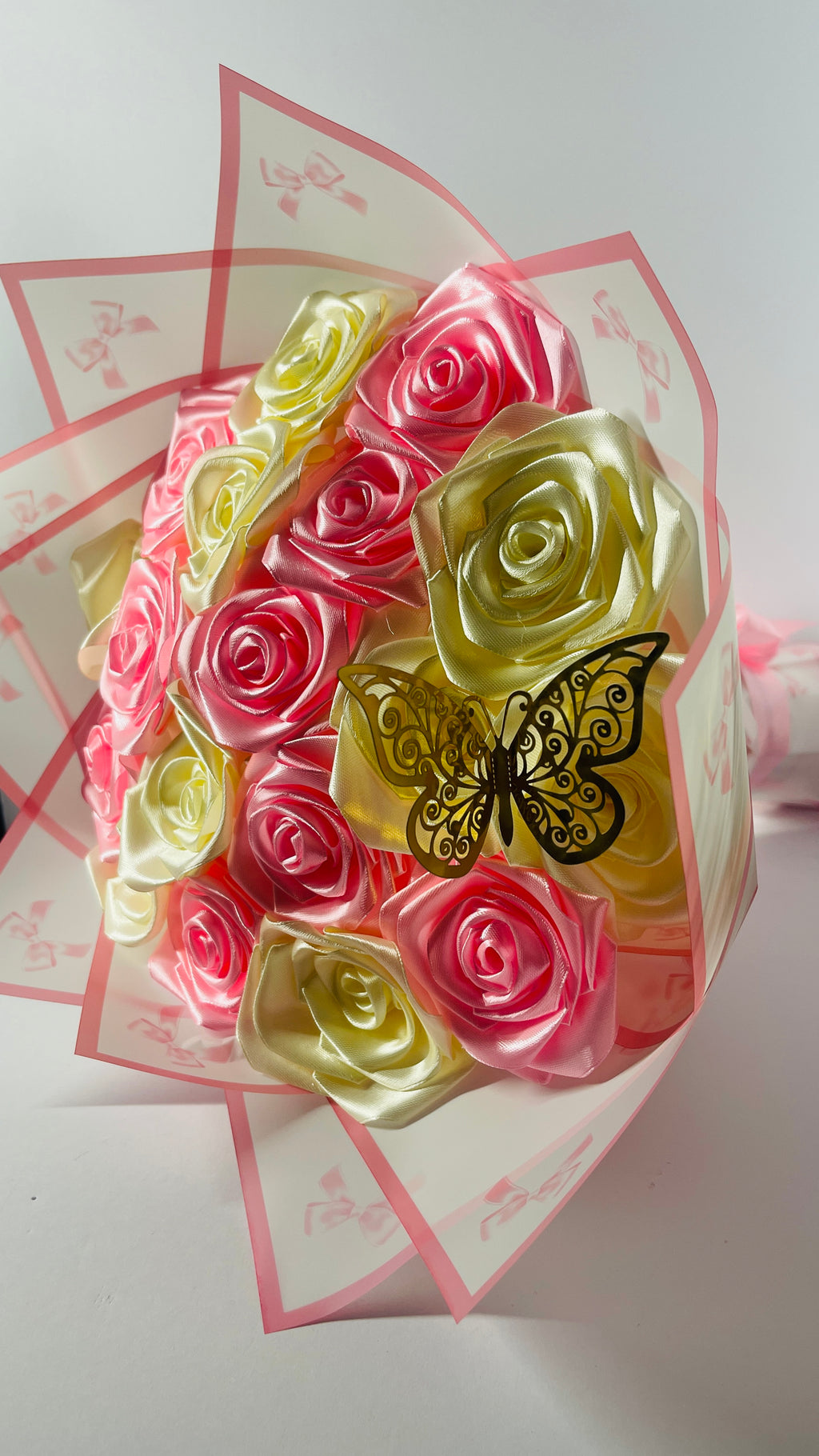 Handmade Satin Rose Bouquet with Decorative Butterfly - The Eternal Gift
