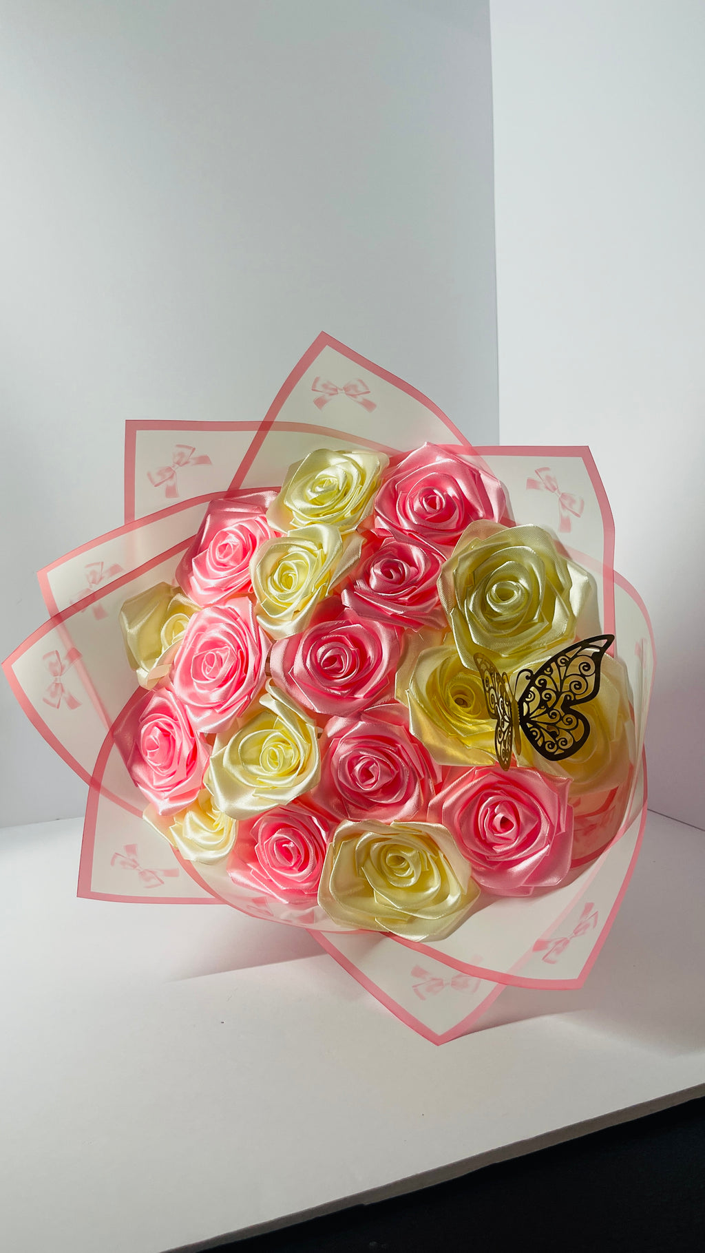 Handmade Satin Rose Bouquet with Decorative Butterfly - The Eternal Gift