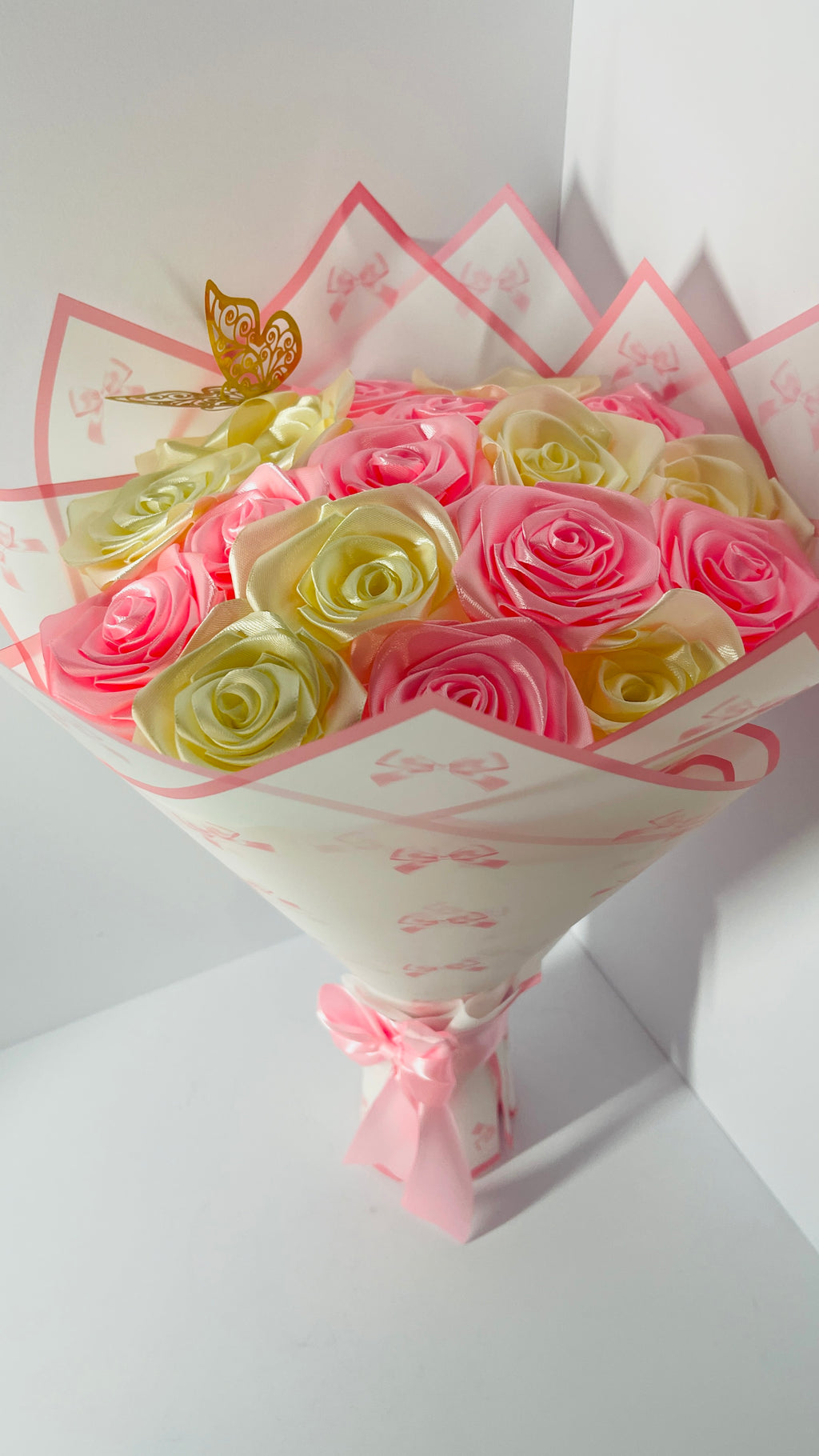 Handmade Satin Rose Bouquet with Decorative Butterfly - The Eternal Gift