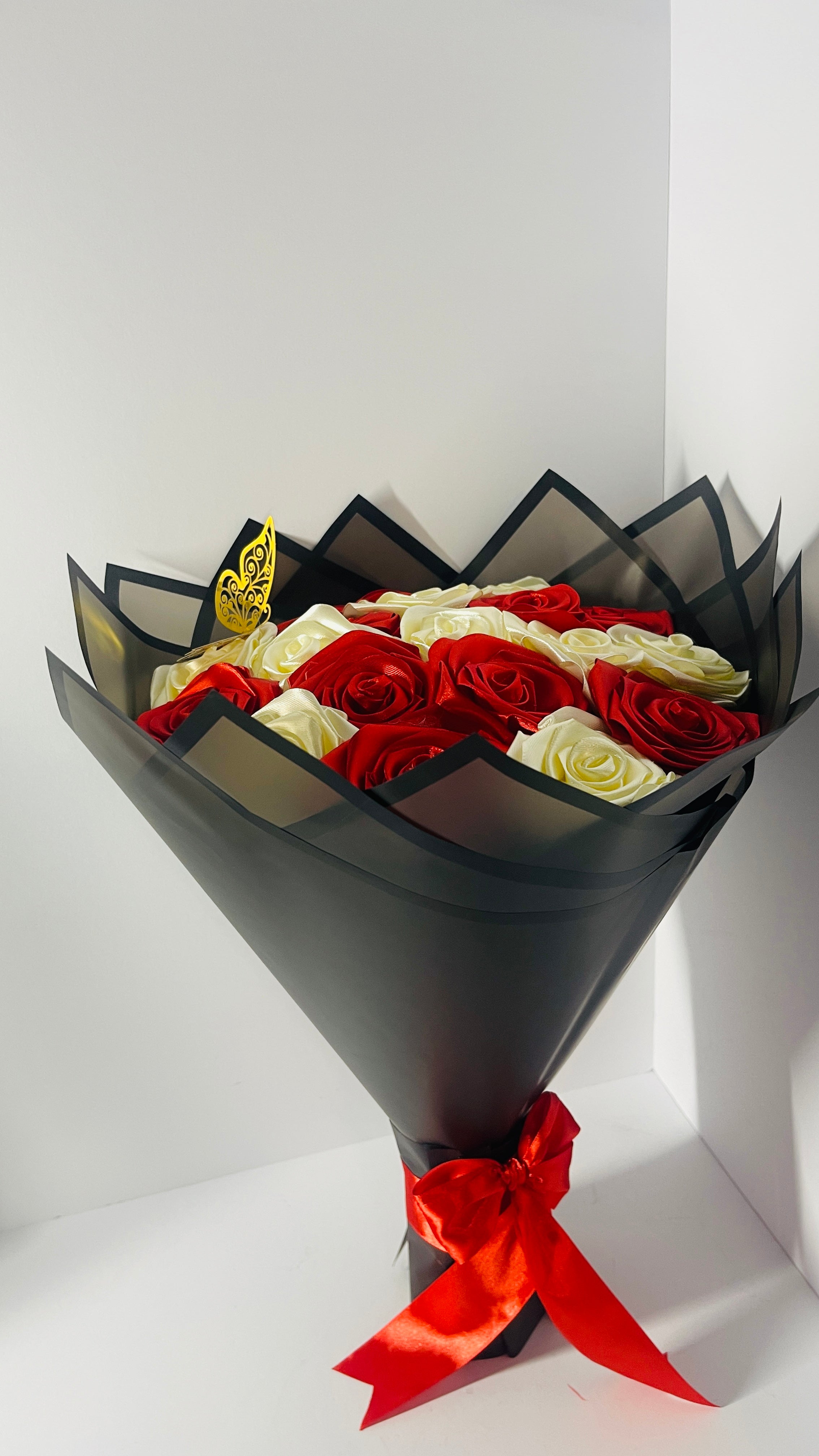 Eternity" Artisan Satin Rose Bouquet – Premium Handmade Gift with Decorative Butterfly