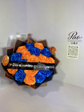 Blue and orange eternal satin rose bouquet front view