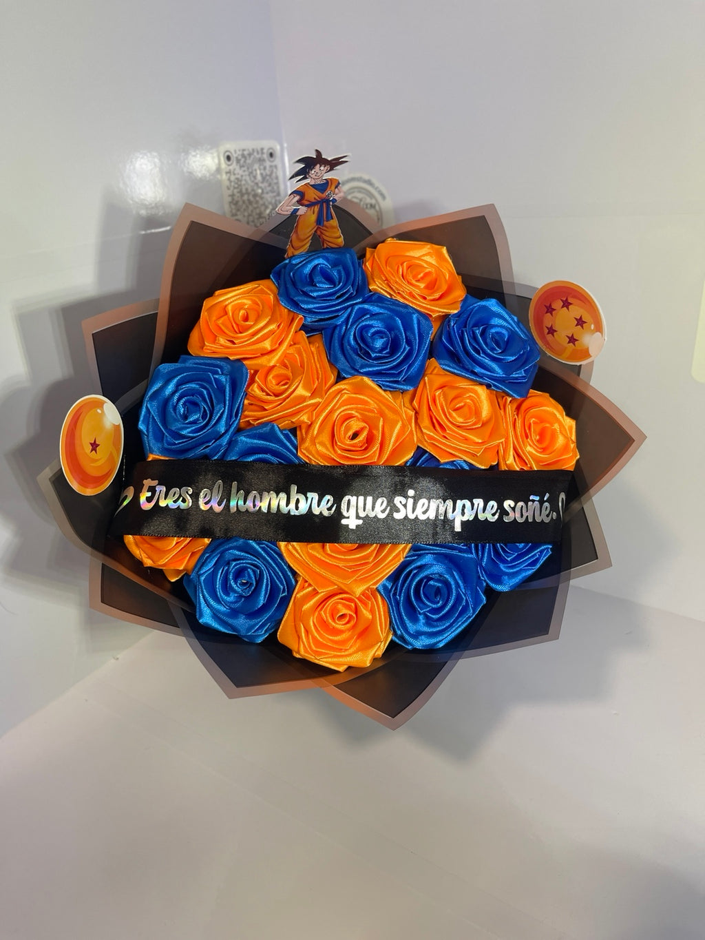 Blue and orange satin rose bouquet close-up