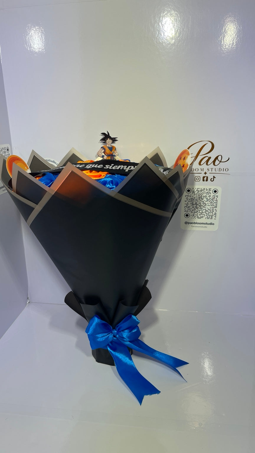 Large blue and orange satin rose bouquet angle