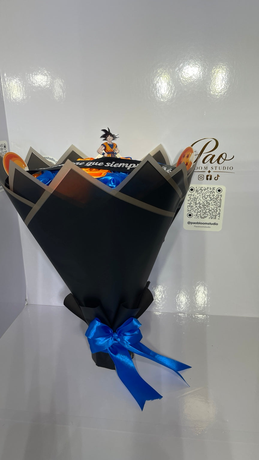 Blue and orange satin flower bouquet side detail
