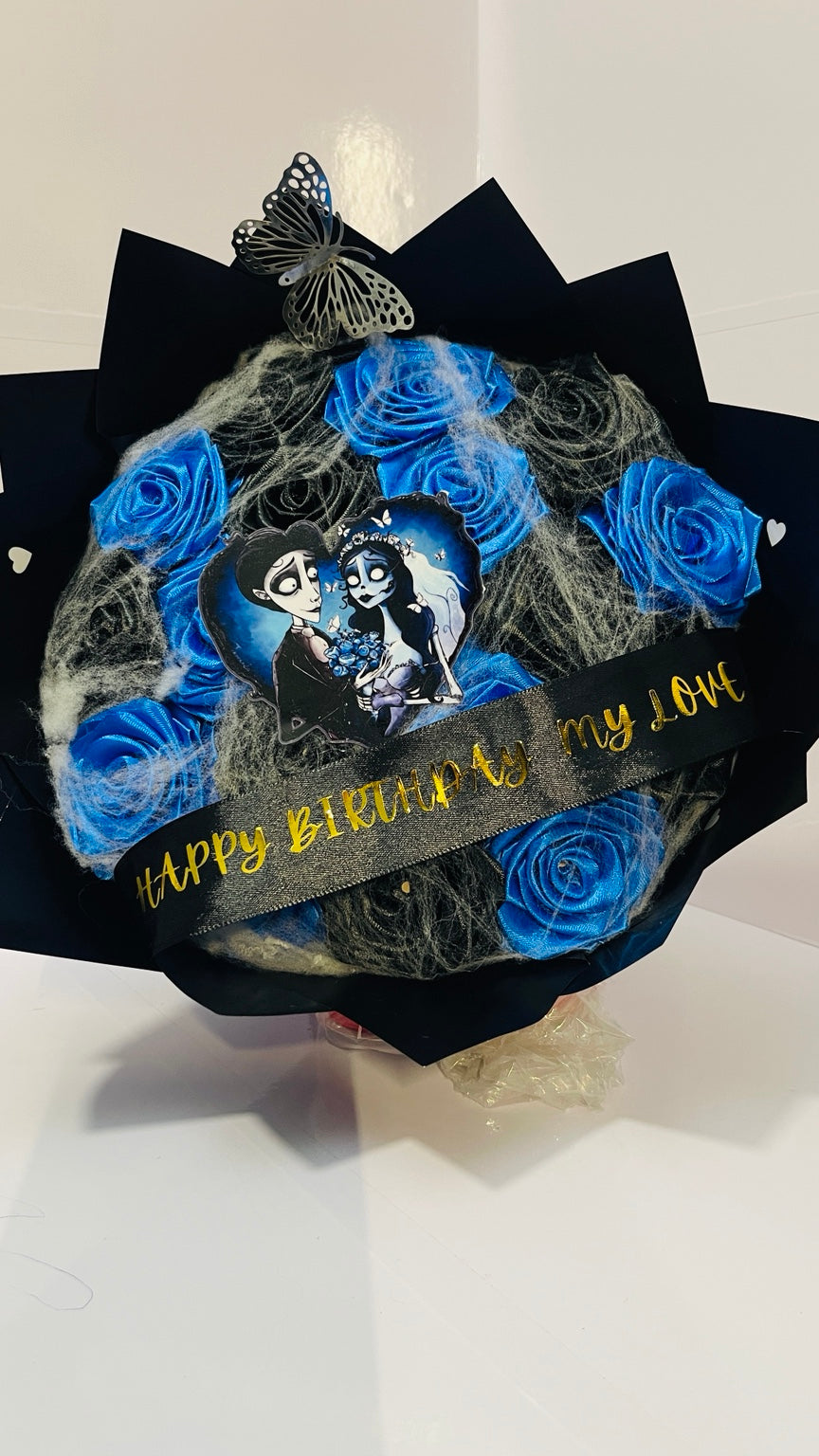 Blue and black satin rose bouquet with web accents and personalized ribbon
