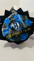Blue and black gothic web satin rose bouquet, front close-up