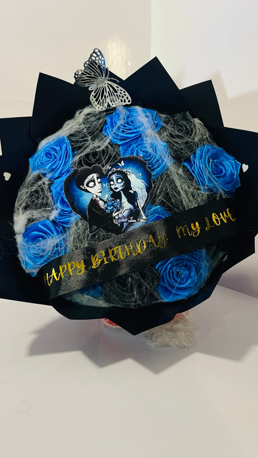 Blue and black gothic web satin rose bouquet, front close-up