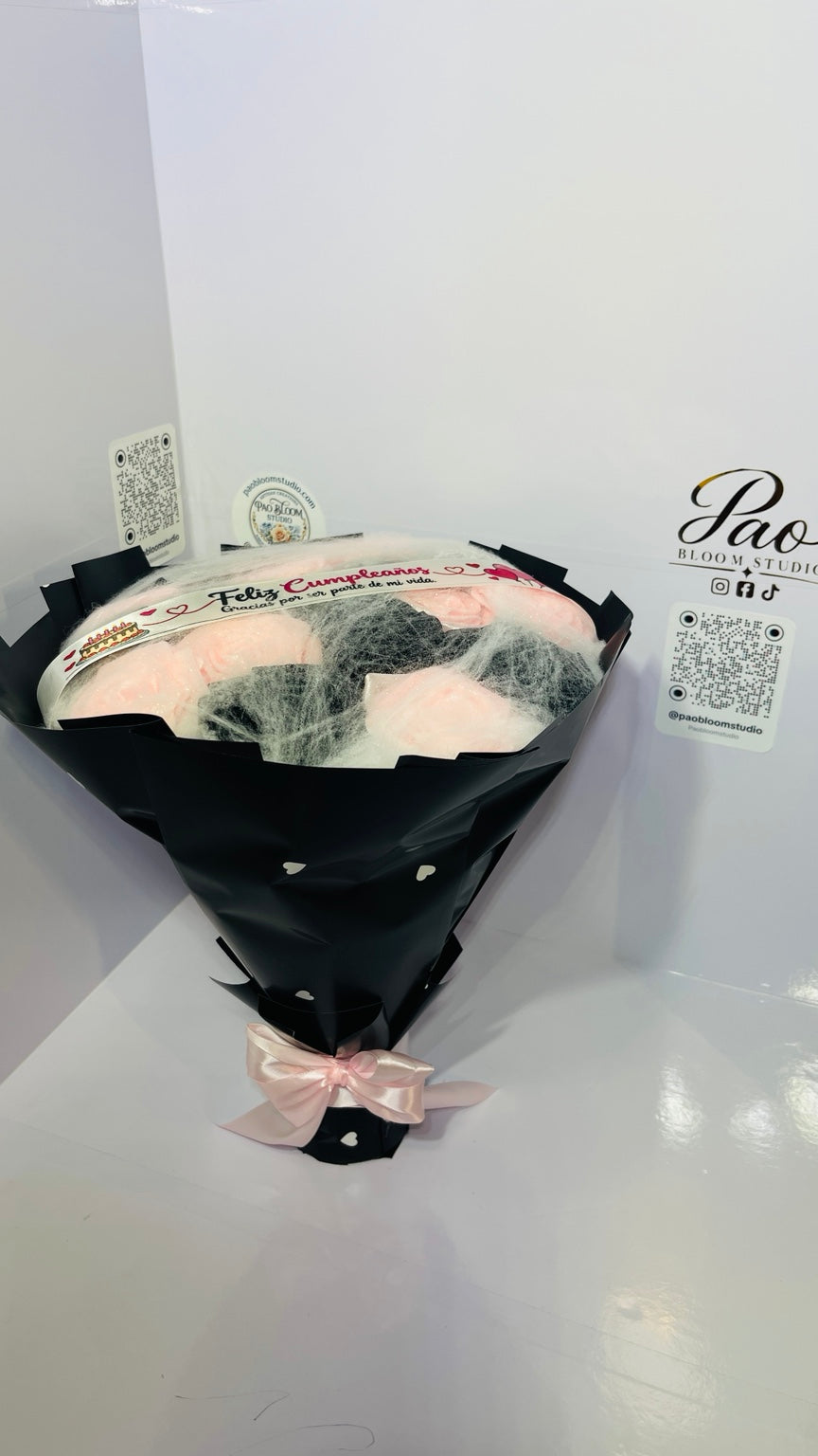 Pink and black gothic web bouquet, angled view