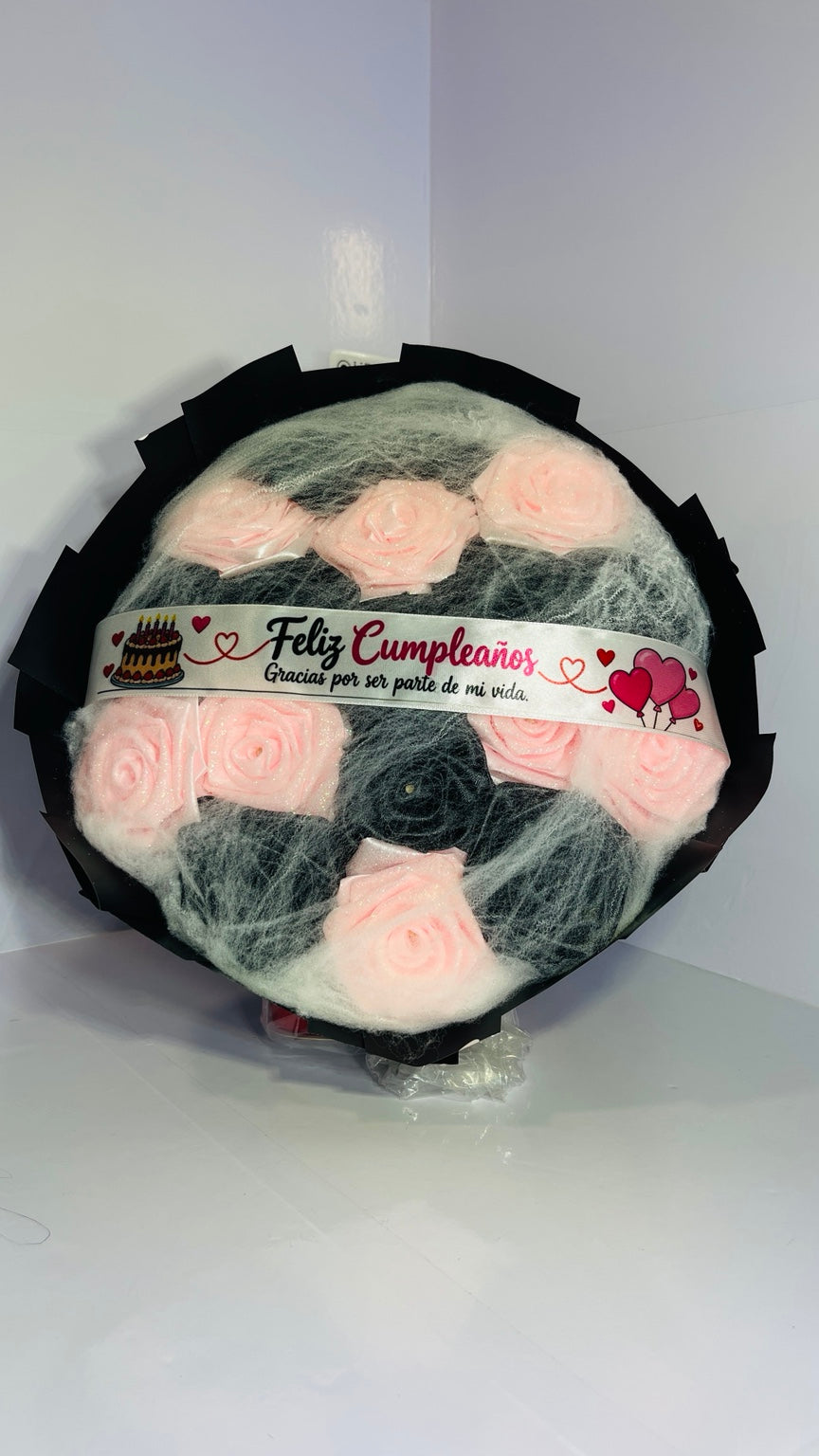Pink and black satin rose bouquet, front detail