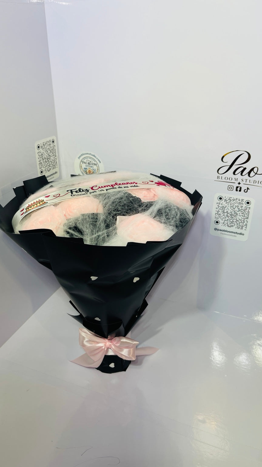 Pink and black satin rose bouquet with personalized ribbon
