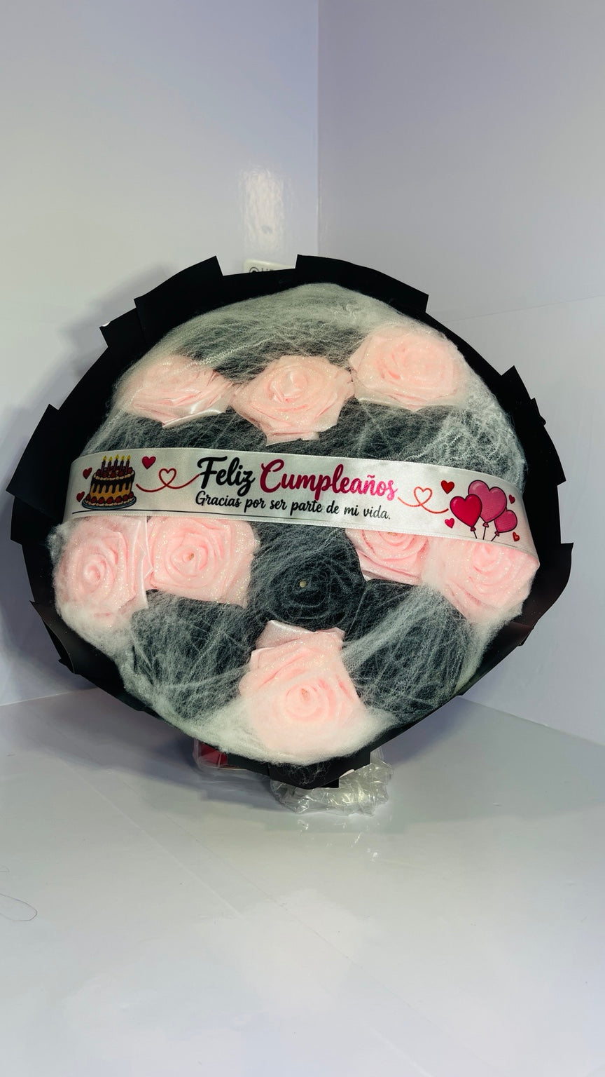 Pink and black web satin rose bouquet with birthday ribbon