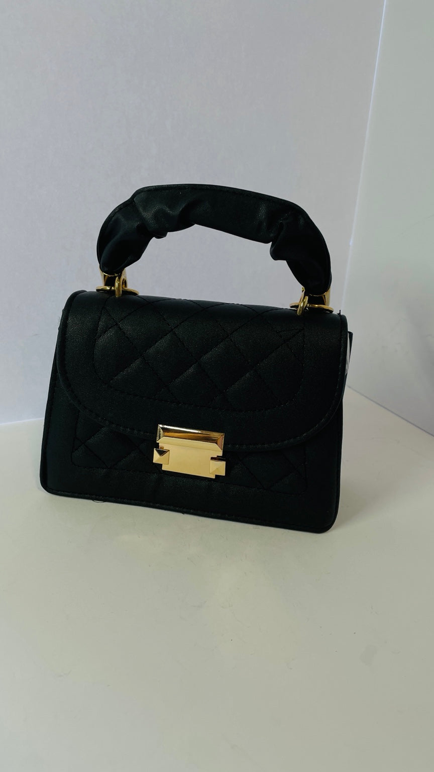 Black mini quilted faux leather handbag with top handle