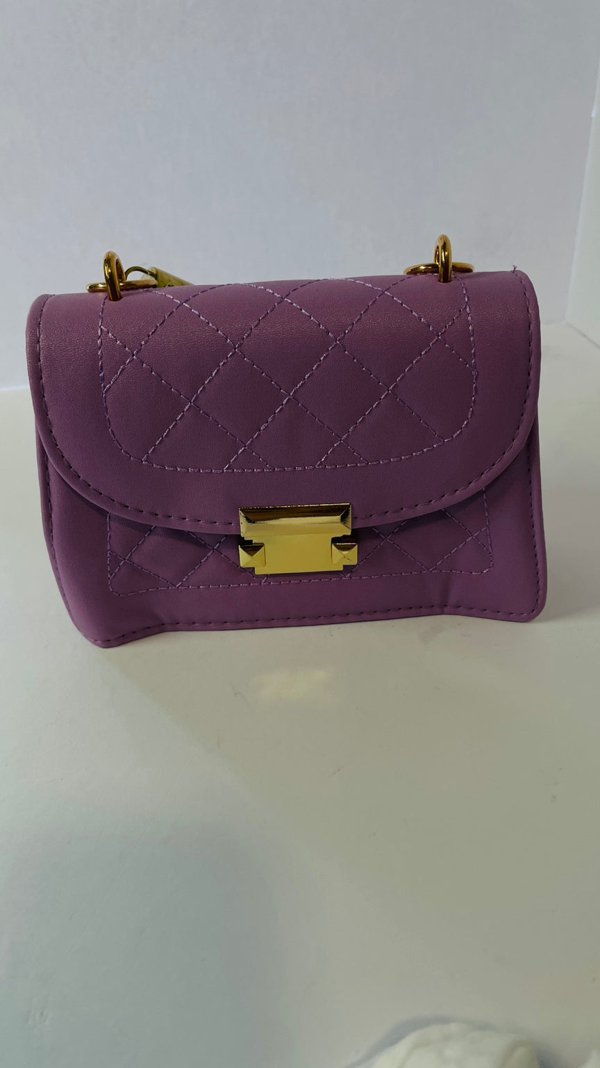 Lavender mini quilted faux leather handbag front view