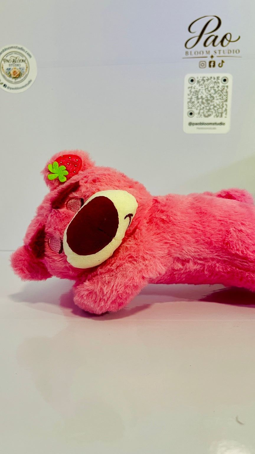 Pink strawberry bear plush 28 cm front view
