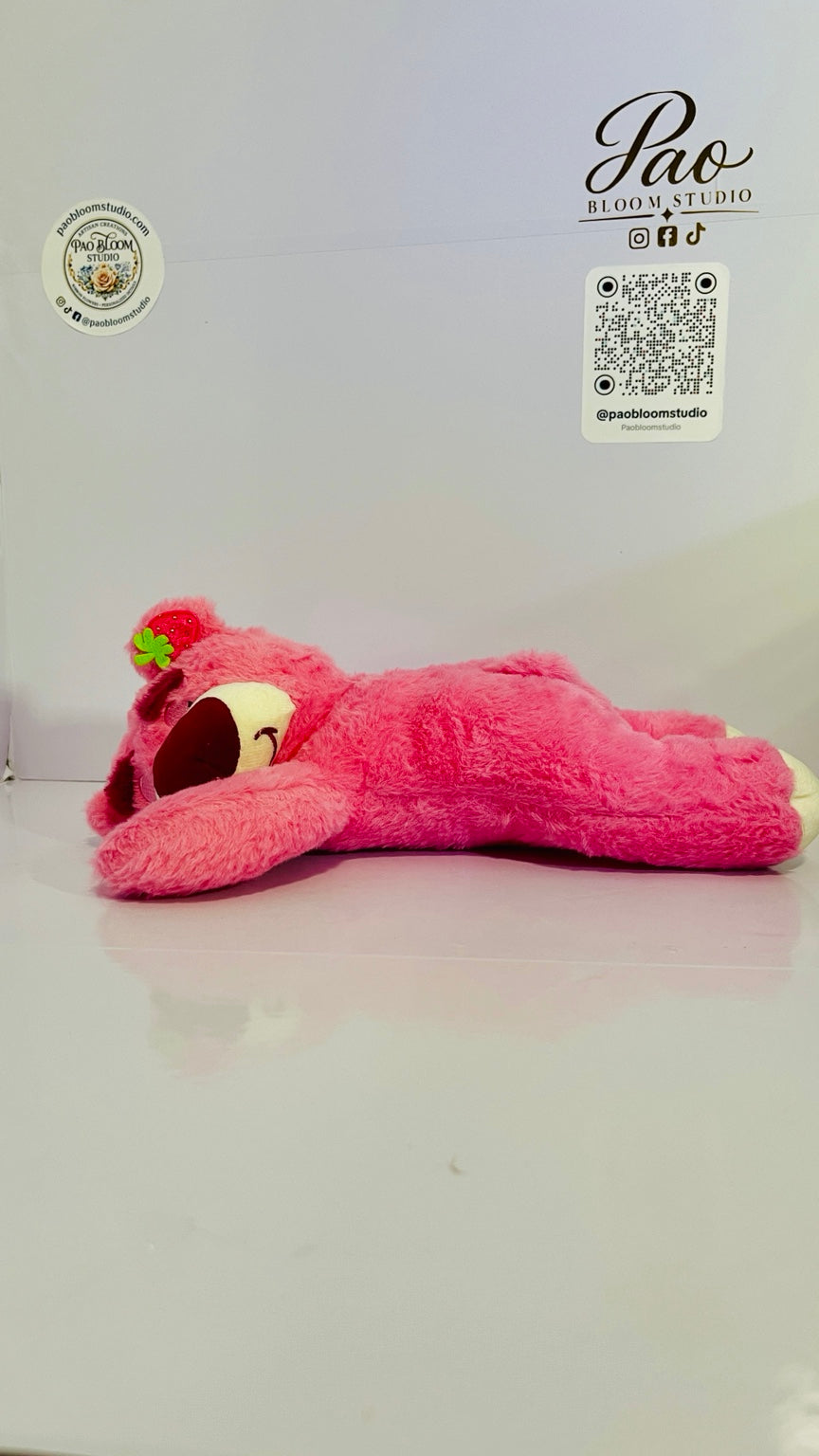 Pink strawberry bear plush 28 cm side view