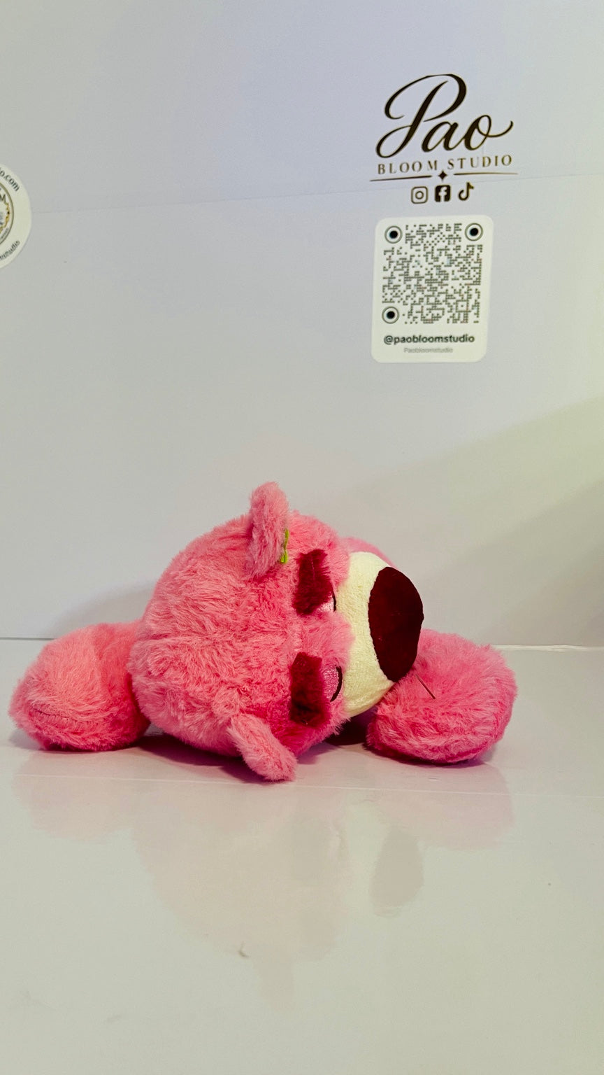 Pink strawberry bear plush 28 cm close-up