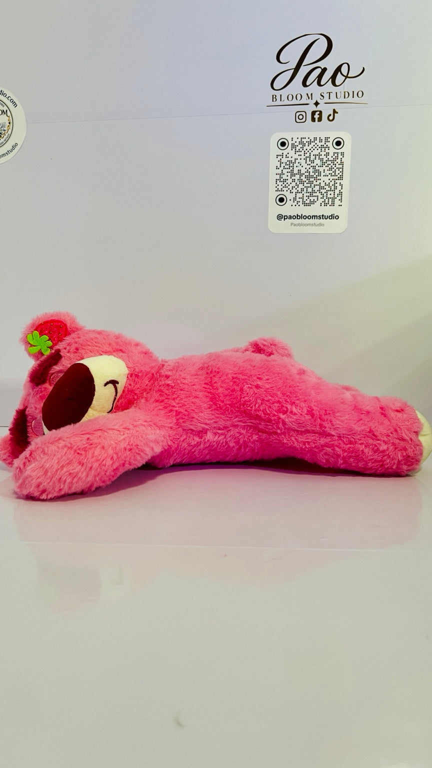 Pink strawberry bear plush 28 cm lying pose