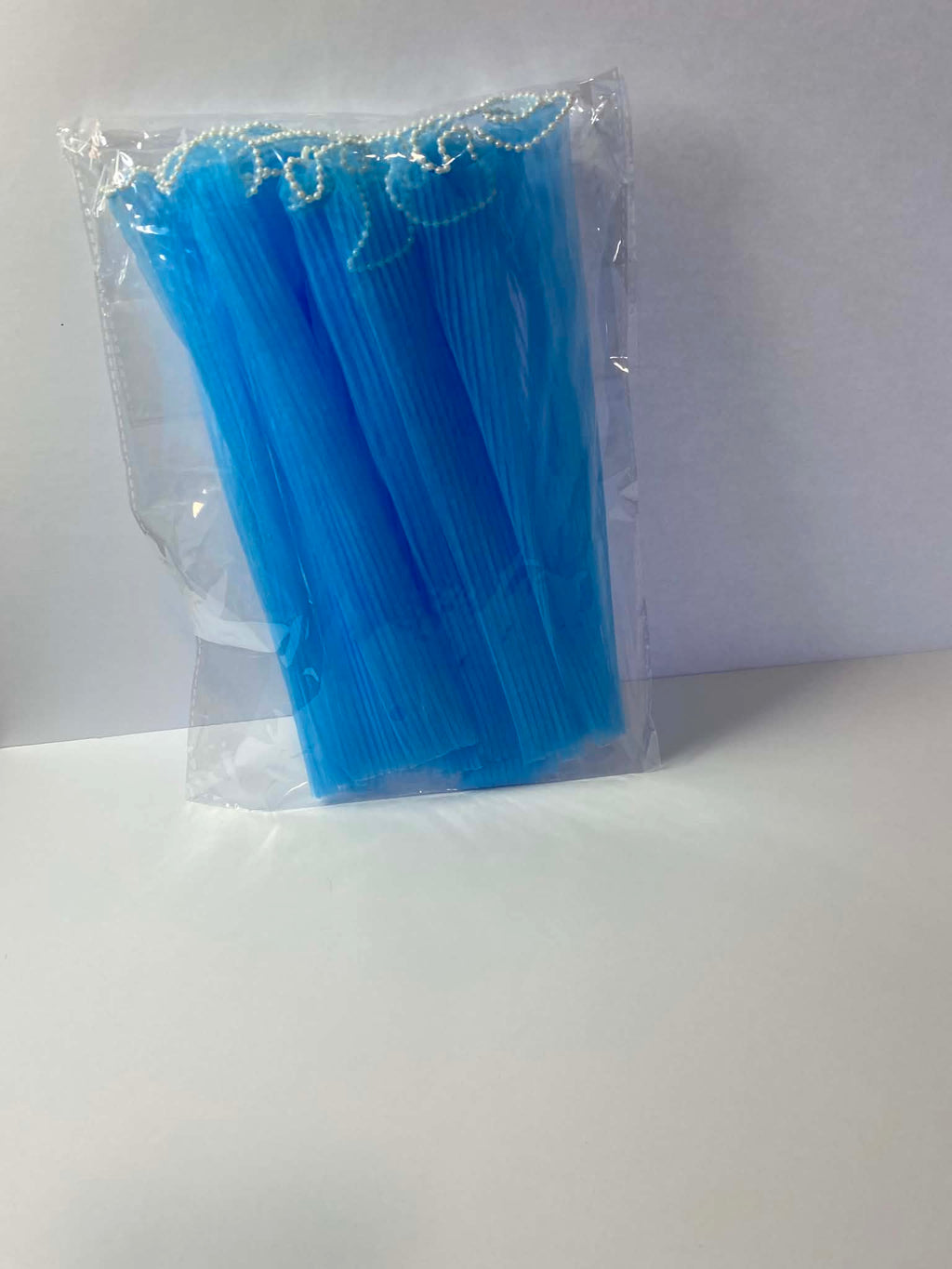 Blue pleated organza bouquet wrap with pearl edge