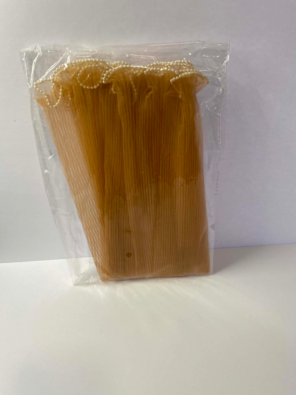 Champagne pleated organza bouquet wrap with pearl edge