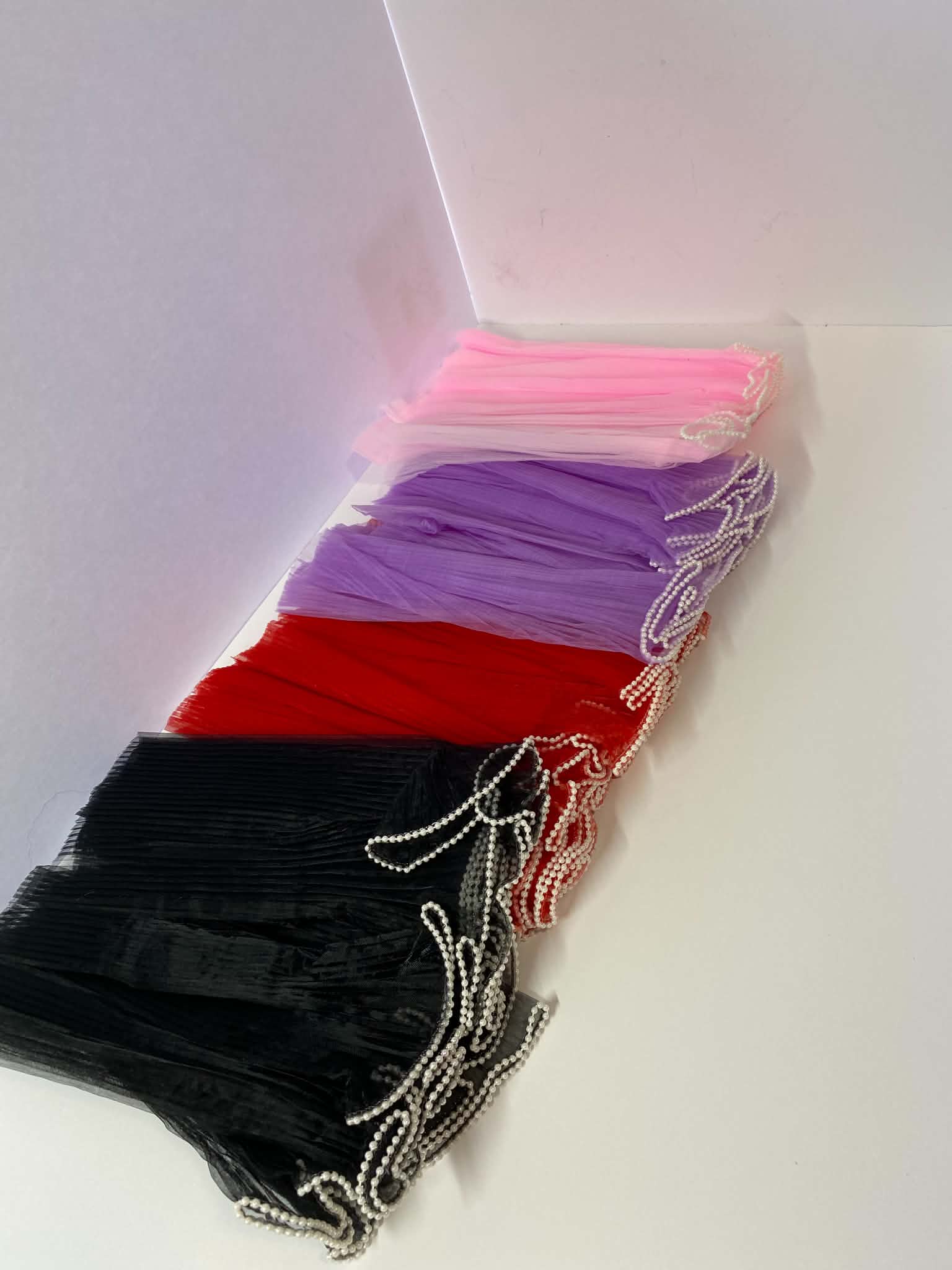 Pleated organza bouquet wrap with pearl edge in assorted colors