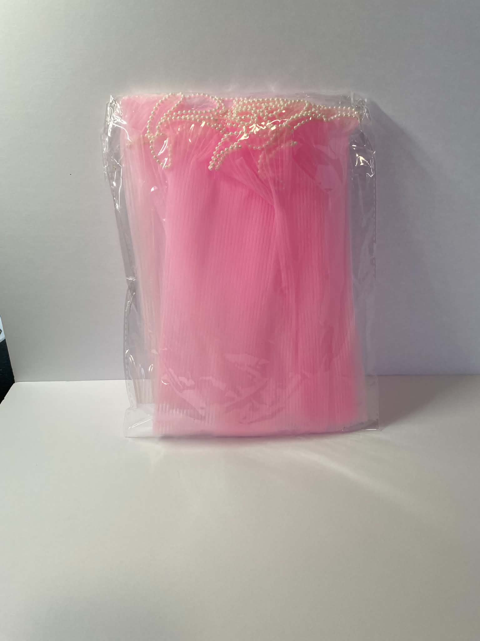Pink pleated organza bouquet wrap with pearl edge