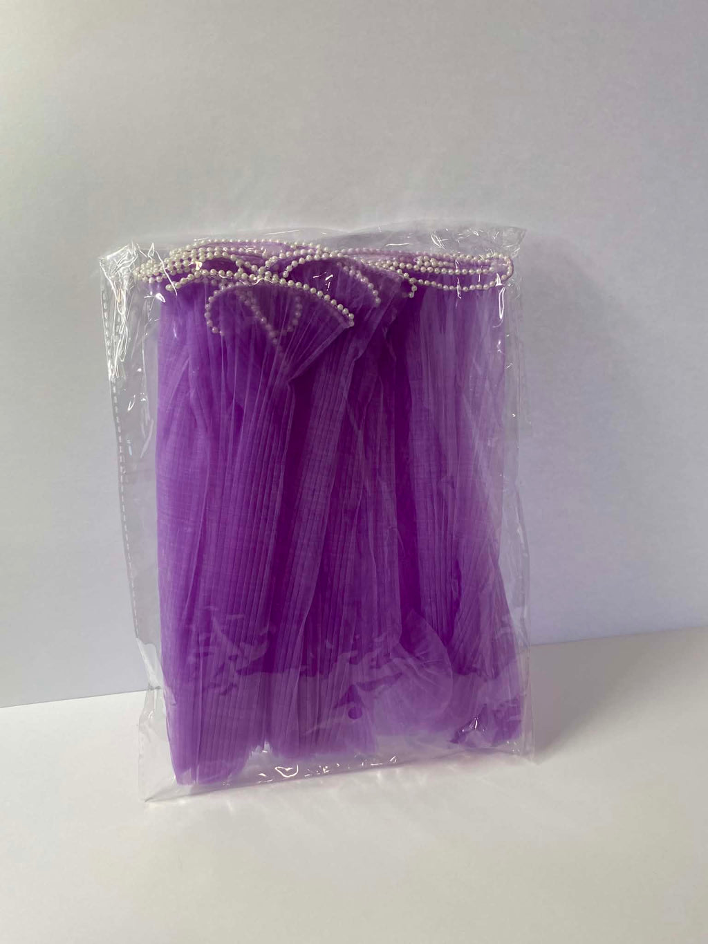 Purple pleated organza bouquet wrap with pearl edge
