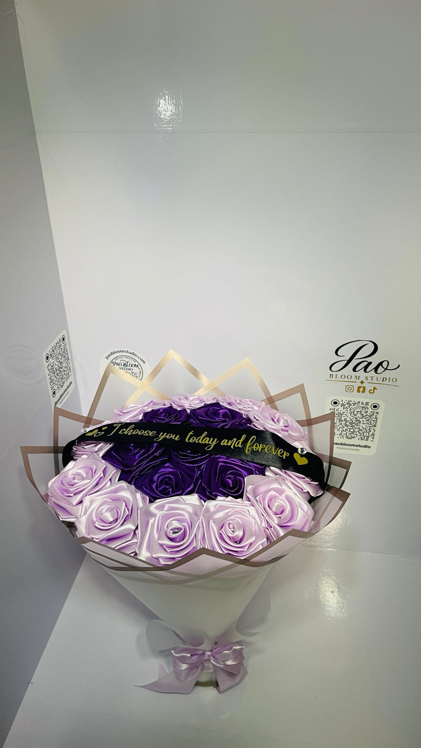 Wide front view of purple lavender handmade rose bouquet
