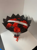 Red and black handmade satin rose bouquet, front view