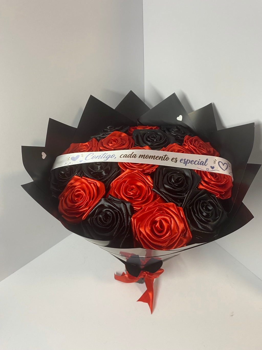Red and black handmade satin rose bouquet with Spanish ribbon