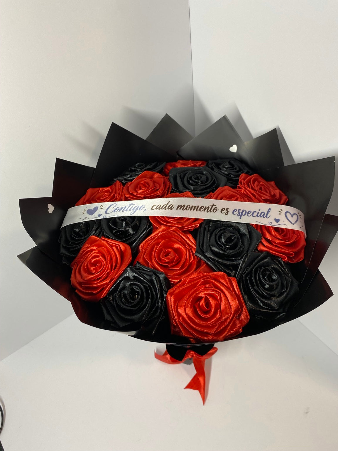Handmade red and black satin rose gift bouquet