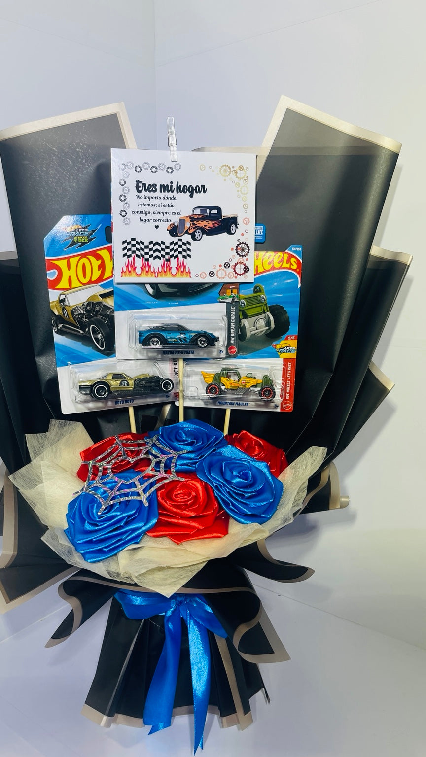 Full front view of red and blue racing gift bouquet