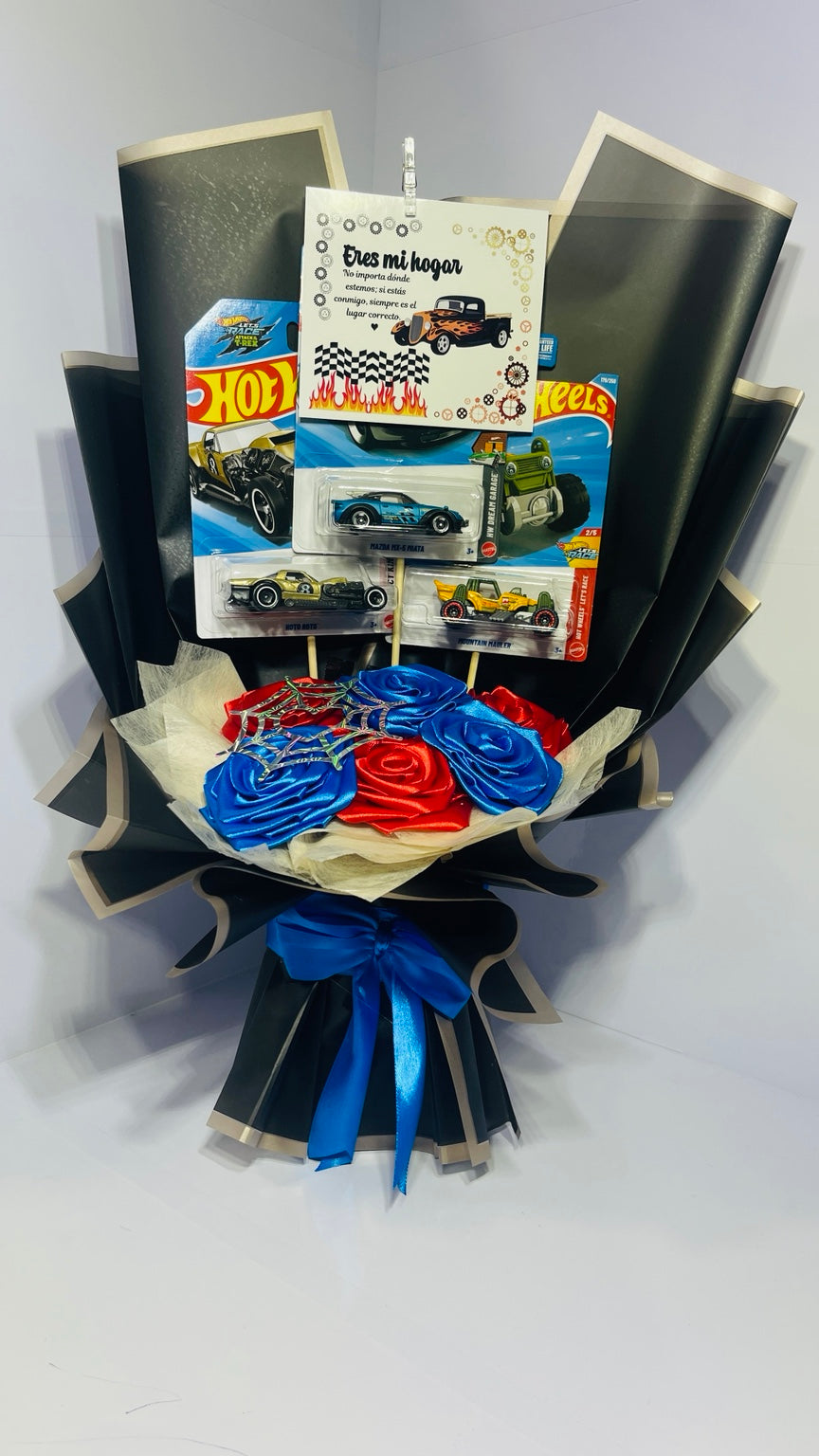 Full view of racing bouquet with black and gold wrapping