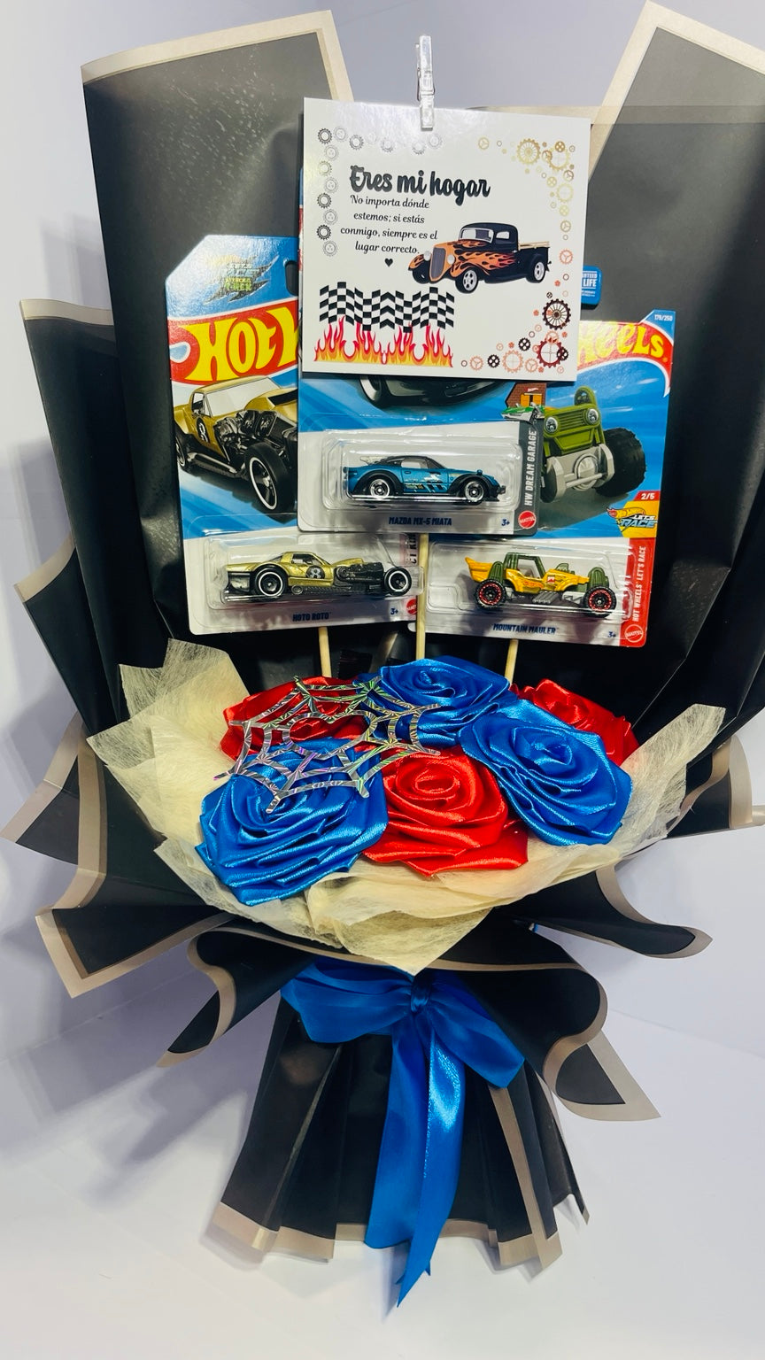 Red and blue racing gift bouquet with satin roses and three collectible toy cars