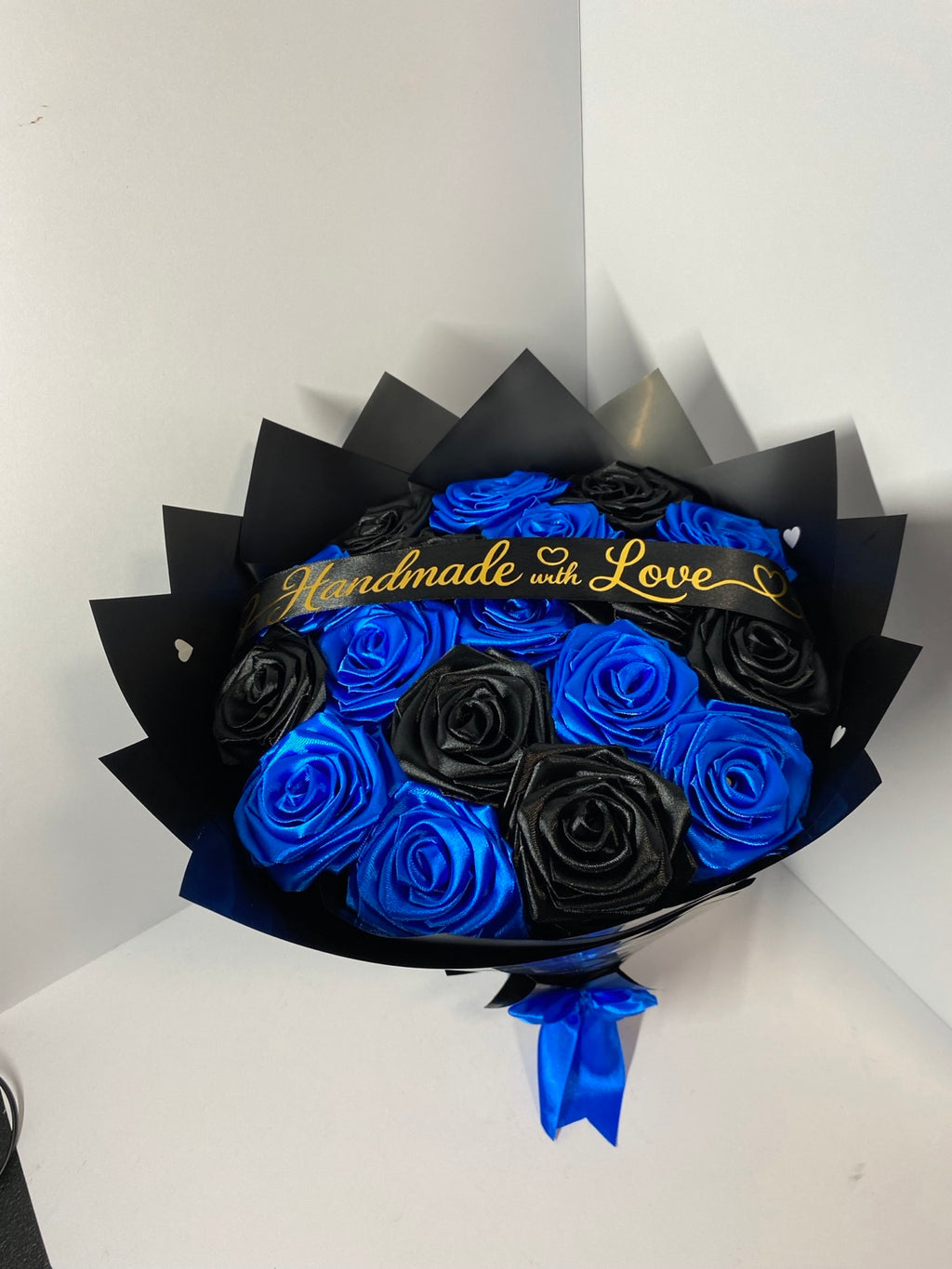 Royal blue and black handmade satin rose bouquet